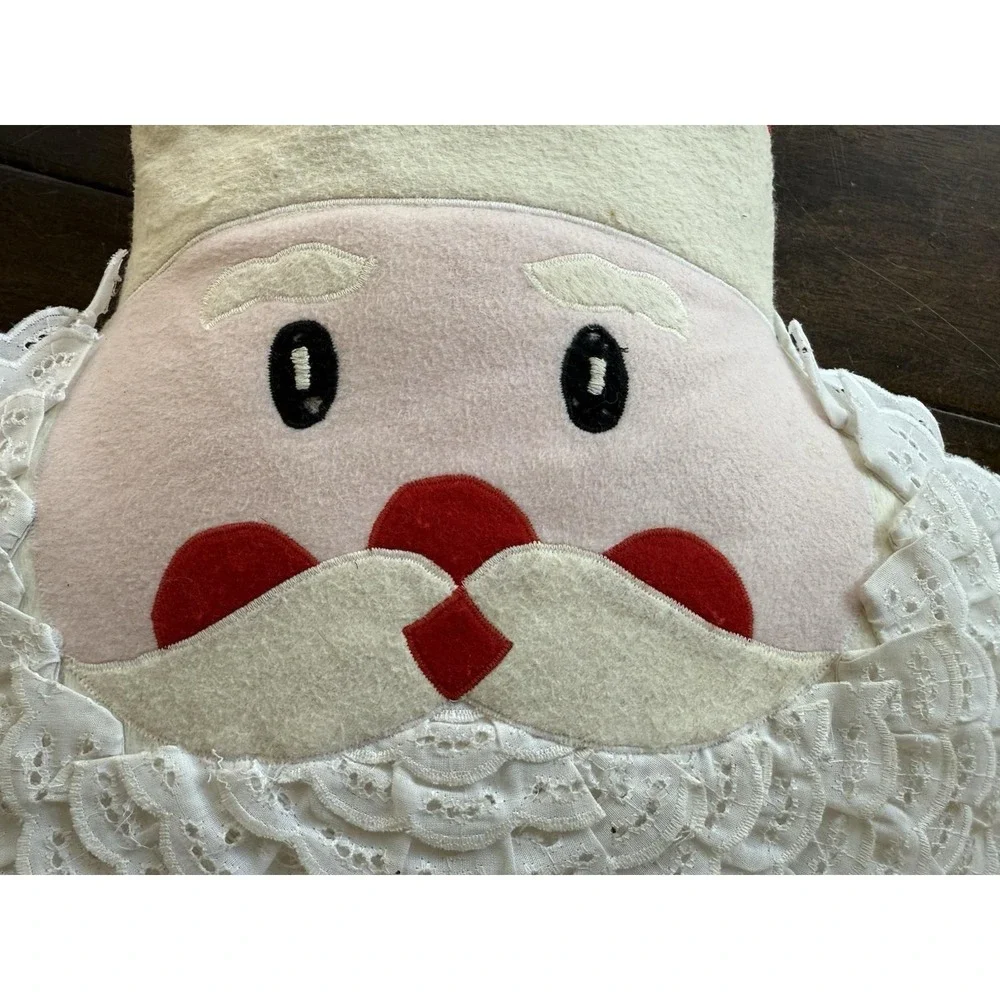 Vintage Handmade Felt Santa Pillow‎ Lace Beard Christmas Decor